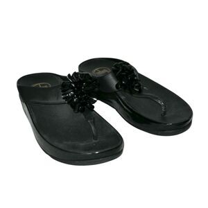 Fitflop Sz 7 Women's Thong Sandals Fitflops Beaded Flowers Black Leather Wedge